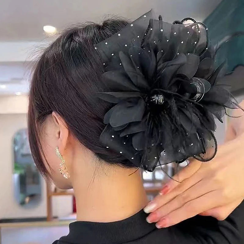 1PC 11/13cm Mesh Lace Black Feather Ribbon Bow Hair Claws Hairpin Big Ponytail Holder Hair Clips Hair Accessories For Women