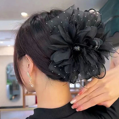 1PC 11/13cm Mesh Lace Black Feather Ribbon Bow Hair Claws Hairpin Big Ponytail Holder Hair Clips Hair Accessories For Women