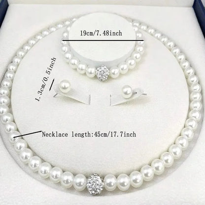 3 PCS set Imitation Pearl Fireball Necklace Bracelet Earring Stud Jewelry Set Silver Color Crystal Stone Elegant Bridal Jewelry