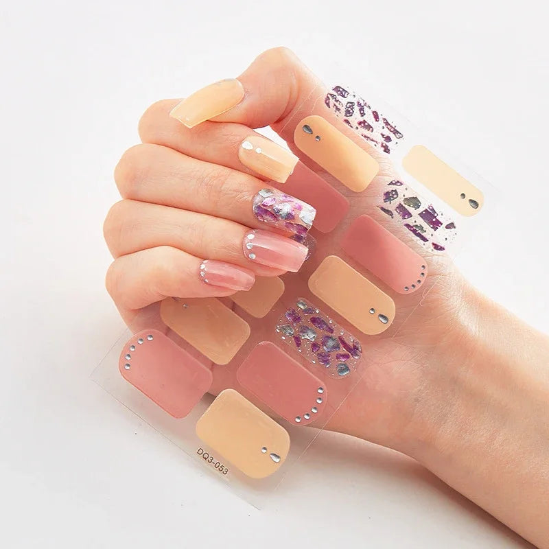 16Tips Nude Semi-Cured Gel Nail Wraps Sticker Long-Lasting UV LED Lamp French Nail Decal Full Cover Waterproof Semi-Cured Sticke