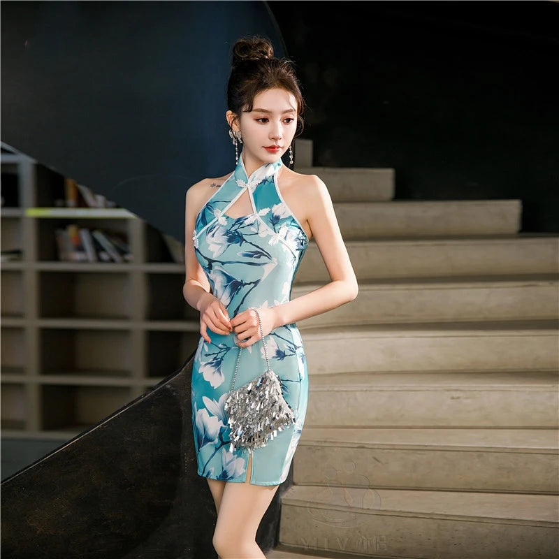 Sexy Halter Cheongsam Lady Split Qipao New Chinese Style Improved Dress Gown Satin Cheongsams Hollow Out Vestidos Bigsize 4Xl5Xl