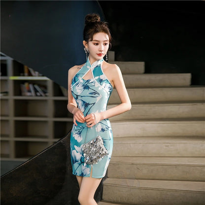 Sexy Halter Cheongsam Lady Split Qipao New Chinese Style Improved Dress Gown Satin Cheongsams Hollow Out Vestidos Bigsize 4Xl5Xl