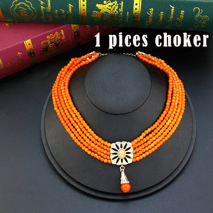 Sunspicems Moroccan Jewelry Sets For Women Gold Color Caftan Waist Chain Belt Orange Bead Choker Necklace Drop Earring Brooch