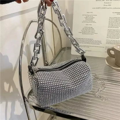 All Diamond Design Shoulder Bag Personalized Color Sparkling Bucket Bag Thick Chain Wedding Accessory Underarm Bag