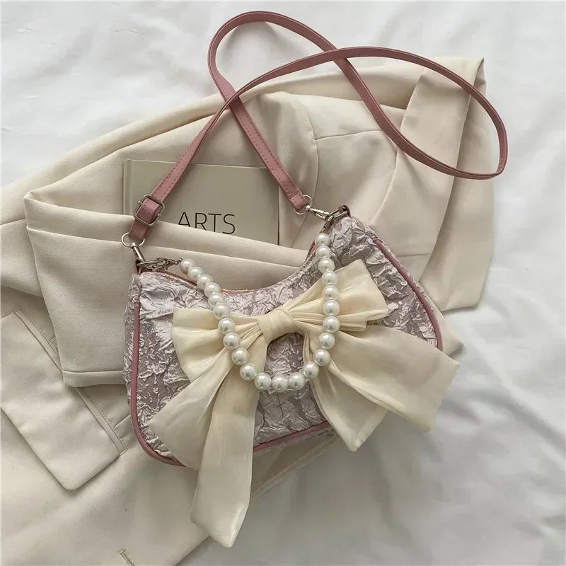 New Pearl Female Bag Retro Handbag Bow Crossbody Bags Fashion Canvas Women's 2025 Trend Shoulder Bag Purses for Girl