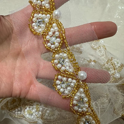 90cm Pearl Beaded Lace Trim Ribbon Garment Decoration Applique Trimming Gold Sequin Tape DIY Sewing Fabric Material Accessories