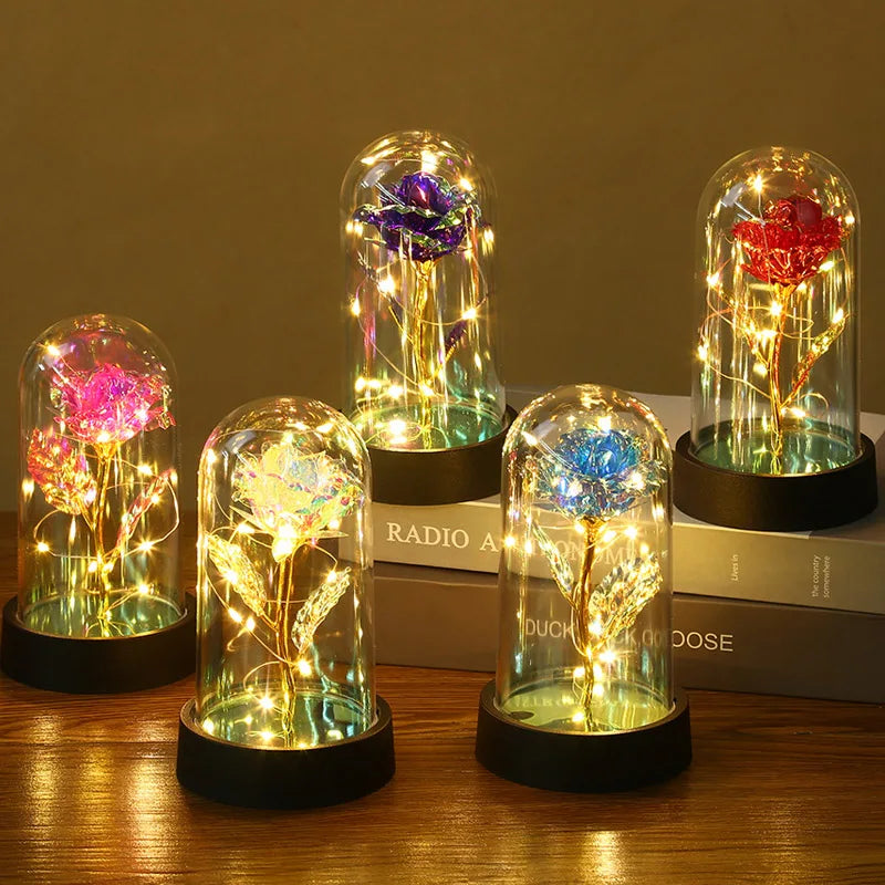 Valentines Day Gift for Girlfriend Eternal Rose LED Light Foil Flower In Glass Cover Mothers Day Wedding Favors Bridesmaid Gift