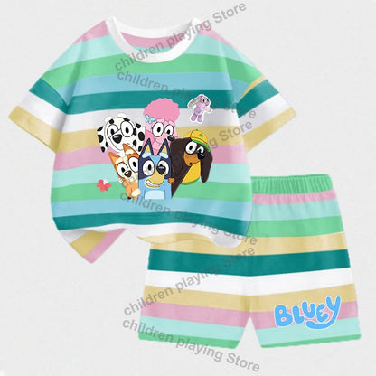 Blueyi Series Child Stripes Sets Summer Girls Boys T-Shirt Shorts Suits Cartoon Bingo Casual Sport Clothes Kids Sleepwear Gifts