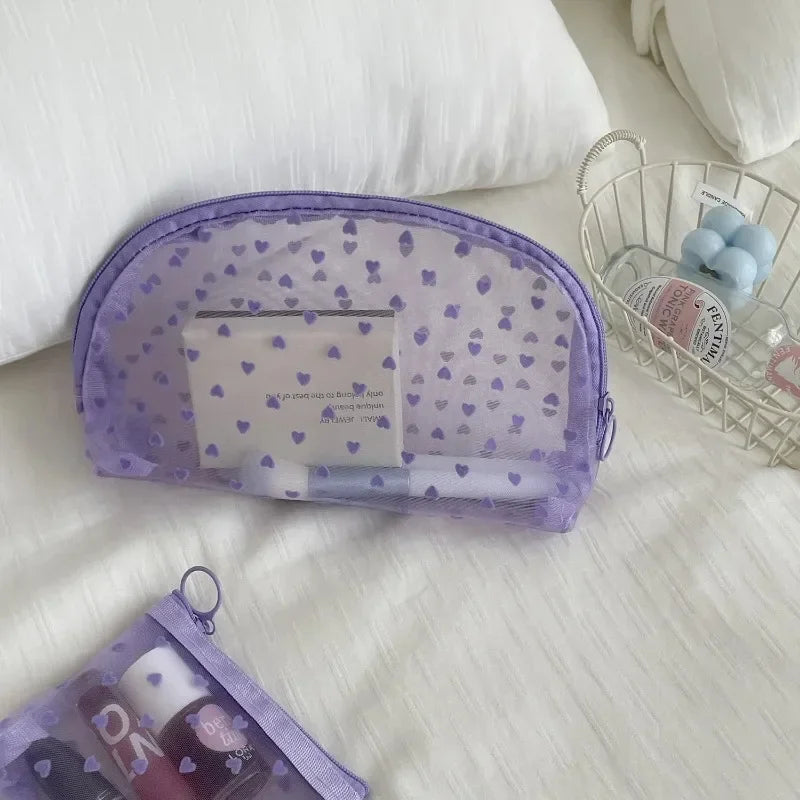 Women Cosmetic Storage Bag Travel Organizer Holder Purse Purple Heart Printed Nylon Mesh Make Up Bag Clear Cute Makeup Bag Pouch