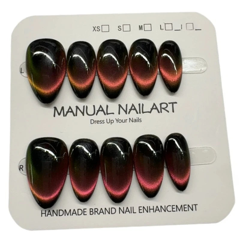 10pcs Black Full Cover Nail Tips Almond Handmade False Nails Art Wearable Solid Color Cat's Eye Press on Nail for Women&Girls