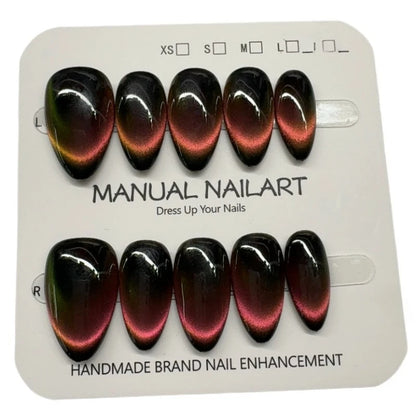 10pcs Black Full Cover Nail Tips Almond Handmade False Nails Art Wearable Solid Color Cat's Eye Press on Nail for Women&Girls