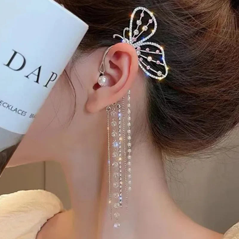 Fashion Crystal Butterfly Clip Earring for Women Pearl Bead Ear Cuff Long Tassels Charm Hollow Earrings Clip Xmas Jewelry Gifts
