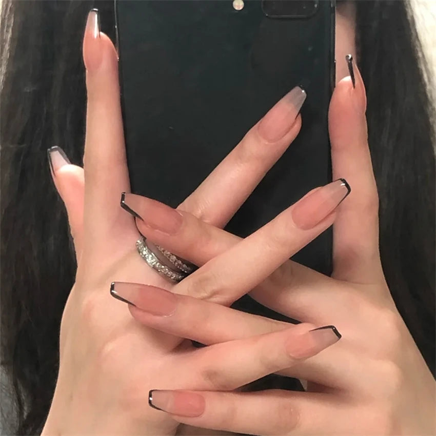 24Pcs/Set Pink Bow French Fake Nails Art Cute with Diamonds Girls Reusable Ballet Press on Nail Tips Oval Acrylic Stick on Nails