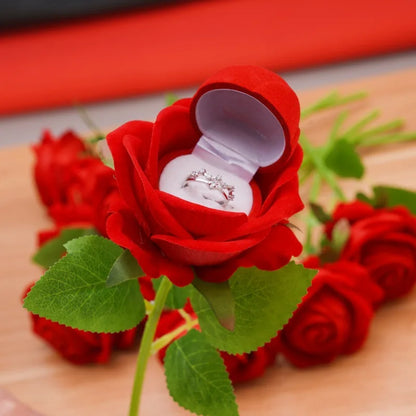 Flocked Artificial Rose Flower Ring Box Red Velvet Jewelry Box Earring Display Holder Wedding Valentine's Day Gift Storage Case