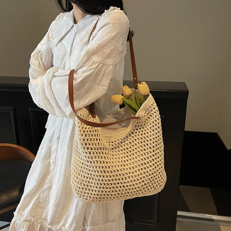 Designer Handmade Summer Beach Purses Handbags Casual Hollow Straw Women Shoulder Bags