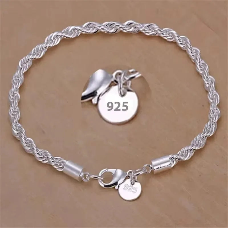 925 Sterling Silver 4MM Twisted Rope Bracelets for Women Men Fashion Minimalist Couple Chain Bracelet Unisex Party Jewelry Gifts