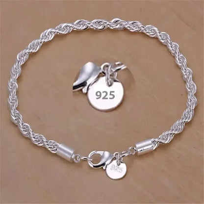 925 Sterling Silver 4MM Twisted Rope Bracelets for Women Men Fashion Minimalist Couple Chain Bracelet Unisex Party Jewelry Gifts