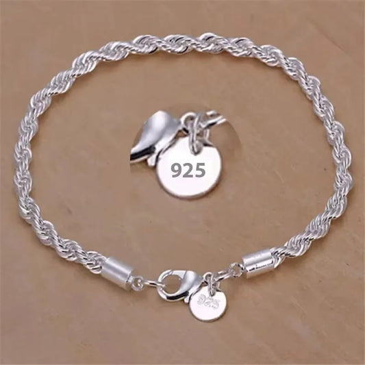 925 Sterling Silver 4MM Twisted Rope Bracelets for Women Men Fashion Minimalist Couple Chain Bracelet Unisex Party Jewelry Gifts