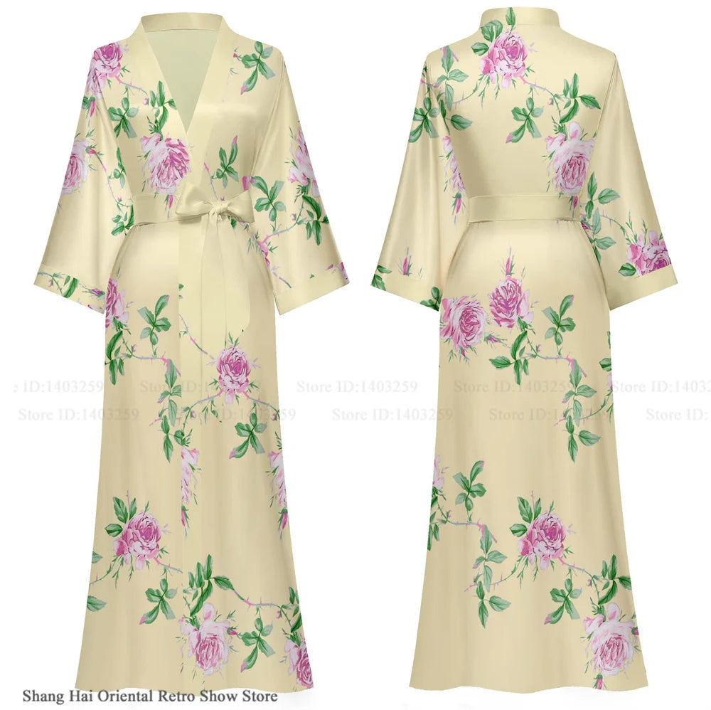 Elegant Print Flower Women Long Robe Loungewear Silky Satin Kimono Bathrobe Gown Spring Autumn New Sleepwear Home Dress Negligee