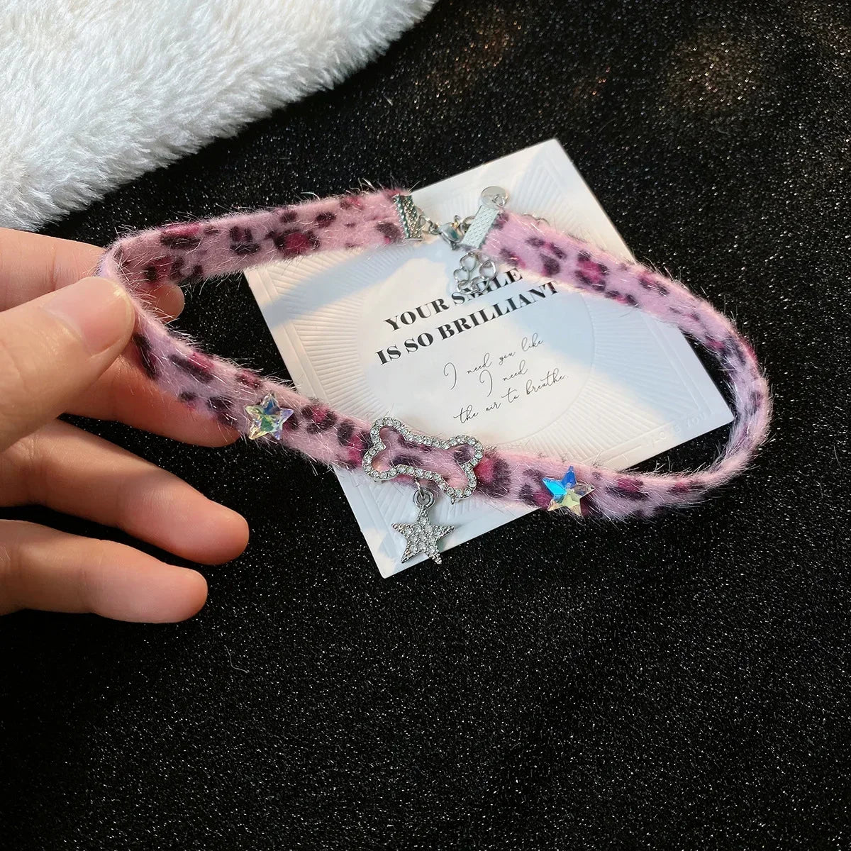 Japanese Y2K Choker Plush Leopard Bone Necklace Fashion Star Pendant Necklace Spicy Girl Sweet Cool Harajuku Party Jewelry Gift