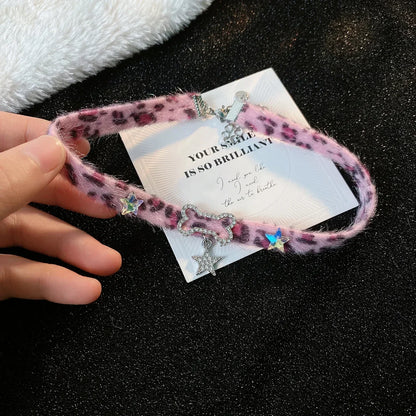 Japanese Y2K Choker Plush Leopard Bone Necklace Fashion Star Pendant Necklace Spicy Girl Sweet Cool Harajuku Party Jewelry Gift