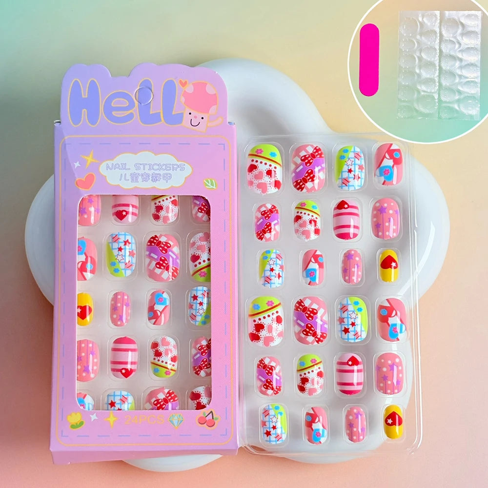 24PC/Box Children's Press On Nails With Jelly Glue Girl's Colorful Cartoon Full Cover Bear Bunny Cat Pattern Fake Nail FalseNail
