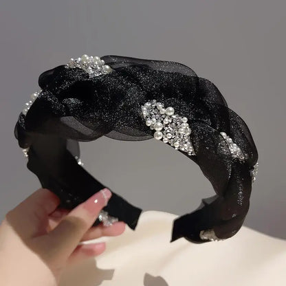 Korean Double Pearl Rhinestone Headband Lace Braided Hairband Hair Hoop Bezel Crystal Headbands For Women Girl Hair Accessories