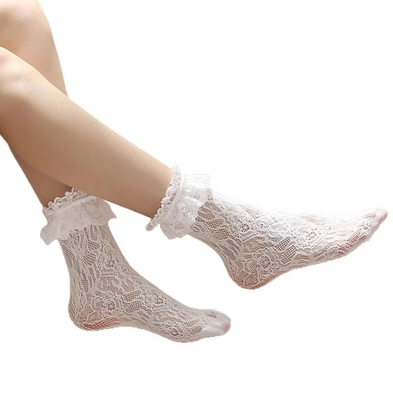 Women Lolita Transparent Mesh Crew Socks Sweet Ruffled Lace Trim Bowknot Cute Love Heart Pattern Anime Princess Hosiery