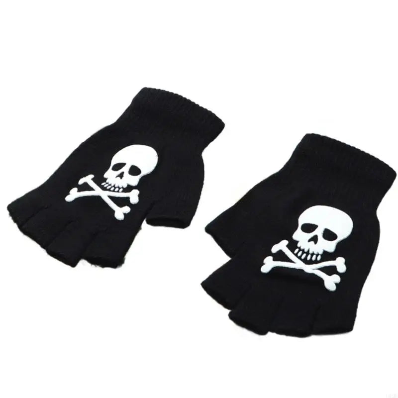 Warm Thermal Gloves Thick Stylish Mitten Gloves Half Finger Halloween Handwear Stylish Skeleton Gloves for Girl Women