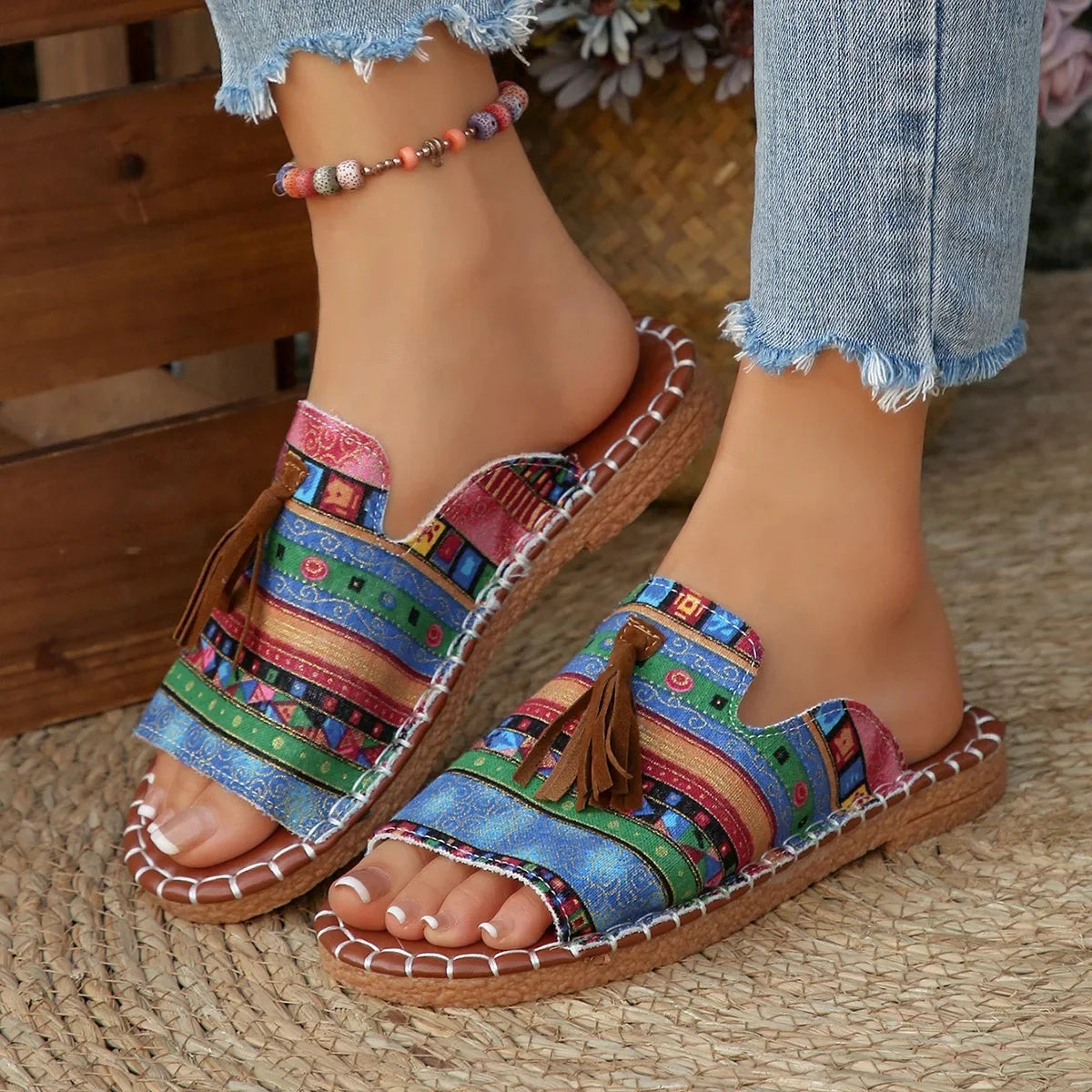 Southeast Asian Bohemian Tassel Flat Bottom Sandals Women's Outdoor Wear Soft Bottom Beach Cool Slippers Fringe Trend