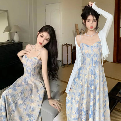 Elegant French Blue Oil Painting Fragrant Tank Dress For Women Spring Summer New Waist-Fitted Sweet Fairy Long Dress