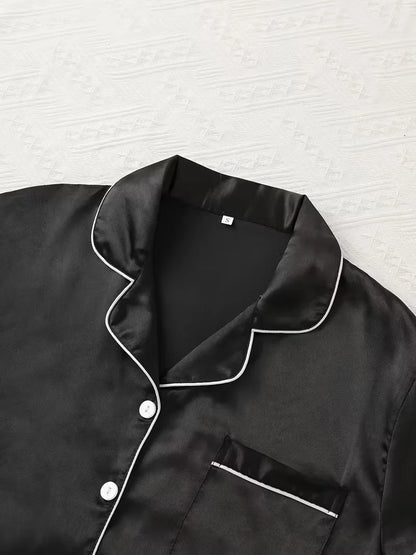 Summer Comfortable Sleepwear Relaxed Fit Solid Satin Women's Casual Pajama Set, Short Sleeve Buttons Lapel Top & Shorts