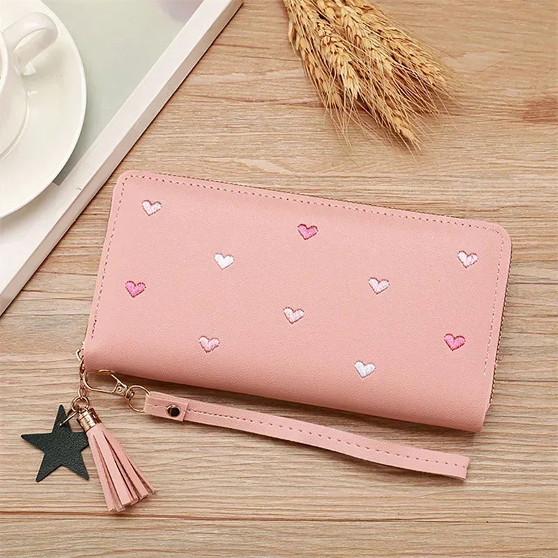 New Long Short Wallet Women's Fashion Credit Card Bag Purse Zipper Handbag Embroidered Heart Mobile Phone Money Coin Bag Case