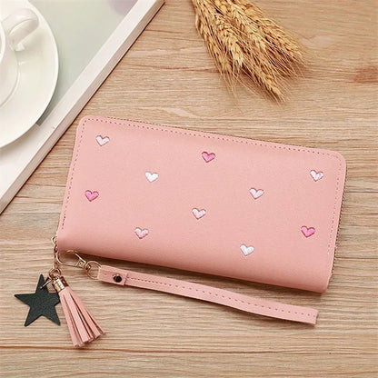 New Long Short Wallet Women's Fashion Credit Card Bag Purse Zipper Handbag Embroidered Heart Mobile Phone Money Coin Bag Case