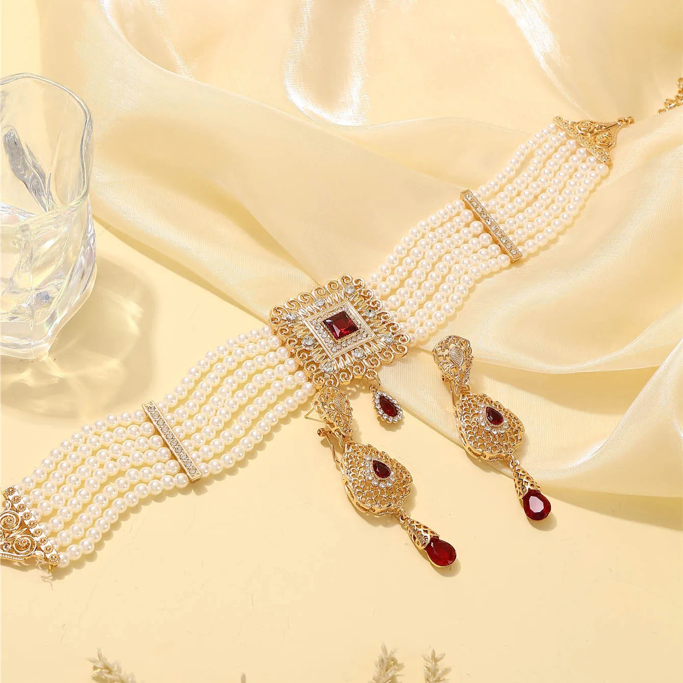 Moroccan Women's Pearl Jewelry Set Luxurious Vintage Style Necklace Earrings, Bridal Wedding Party Accessories
