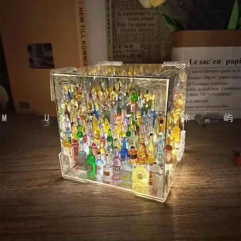 DIY Small Wine Bottle Cube Night Light Mirror Cube Lamp Bedroom Sleeping Table Lamp Handmade Craft Mirror Light Birthday Gifts L