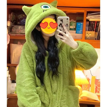 Thick Coral Fleece Pajama Set Cute Big Eyes Character Home Wear Winter Comfortable Sleepwear Outerwear Suitable for All Genders