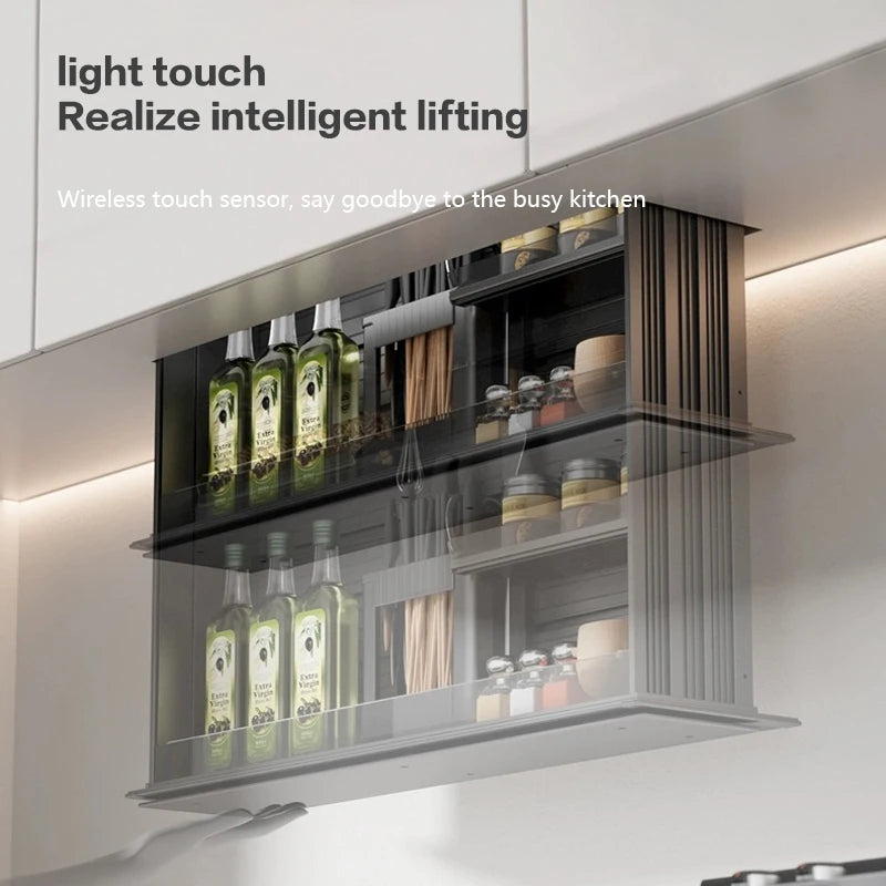Smart Motorized Pull Down Spice Basket For Kitchen Wall Cabinet With Touch Control Voice Activated And Anti Pinch Safety