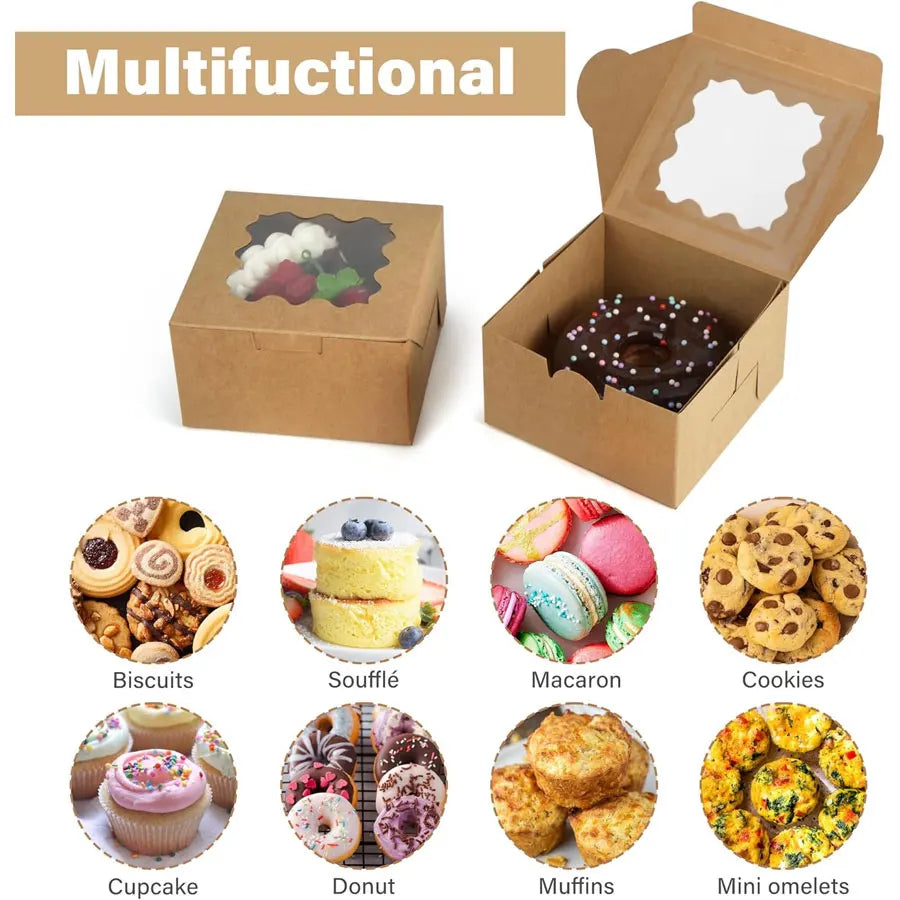 50/100Pcs Kraft Cake Boxes With Window, 4x4x2.5IN Dessert Pastry Macaron Bakery Boxes For Cake, Pastries, Chocolates, Biscuits