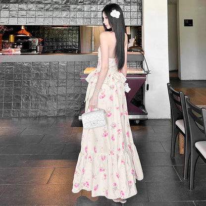 SylCue Flower Print 2 Piece Set Woman Halter Low-Neck Bow Decoration Tank Tops+Ruffles Long Skirts Beach Style Elegant Outfits