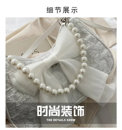 New Pearl Female Bag Retro Handbag Bow Crossbody Bags Fashion Canvas Women's 2025 Trend Shoulder Bag Purses for Girl