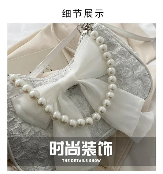 New Pearl Female Bag Retro Handbag Bow Crossbody Bags Fashion Canvas Women's 2025 Trend Shoulder Bag Purses for Girl