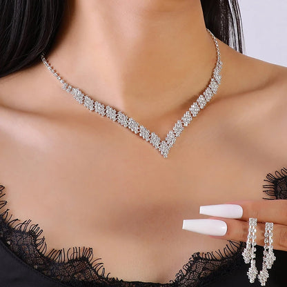 2Pcs/lot Simple Fashion Geometric Zircon Necklace Earrings Kit For Women Wedding Bride Jewelry Set Accessories Gift