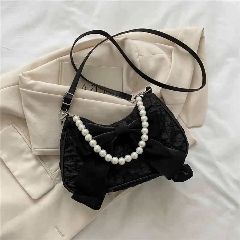New Pearl Female Bag Retro Handbag Bow Crossbody Bags Fashion Canvas Women's 2025 Trend Shoulder Bag Purses for Girl