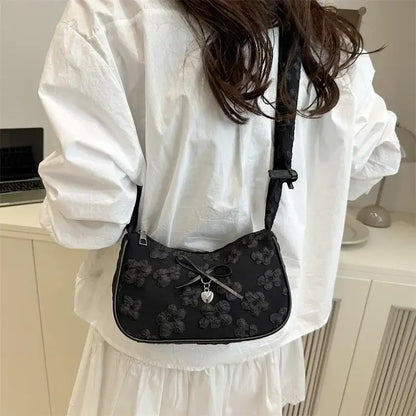 Chic Crescent Bag for Women with Bow Floral Print Pleated Design Trendy Crossbody Bag Sweet Girl's Luxurious Commuter Handbag