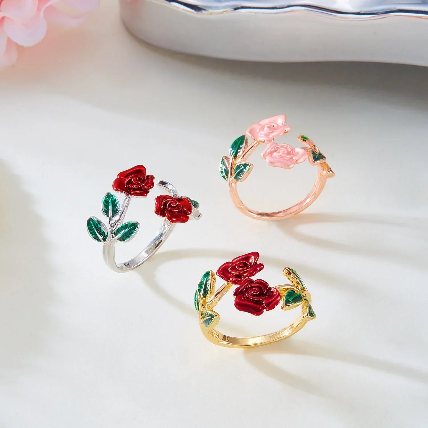 Vintage Charm Red Rose Flower Bracelet Ring Set For Women Vintage Open Adjustable Cuff Bangle Finger Ring Party Wedding Jewelry