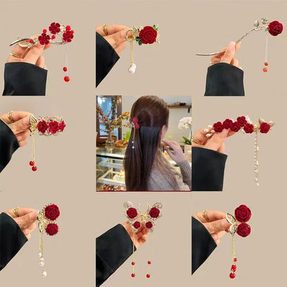 Delicate Tassels Rose Flower Alloy Hairpins for Women Girls Charm Retro Hair Clip New Hair Women's Accessories Gifts