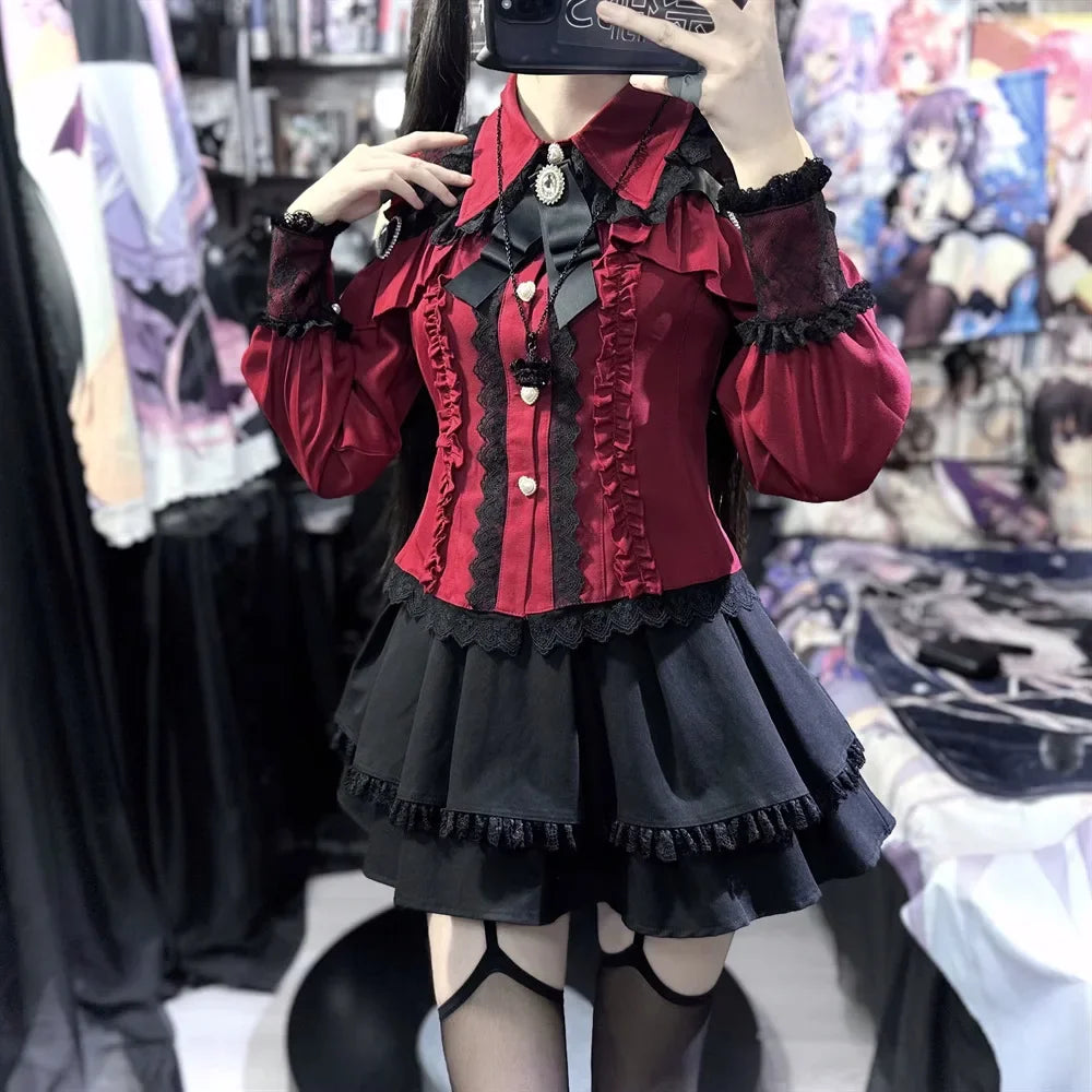 Women‘s Lolita Set Dark Femme Mesh Top & Waist Cinching Skirt, 2025 Autumn Japanese Street Style Coord for Gothic Baddie Fashion