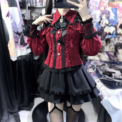 Women‘s Lolita Set Dark Femme Mesh Top & Waist Cinching Skirt, 2025 Autumn Japanese Street Style Coord for Gothic Baddie Fashion