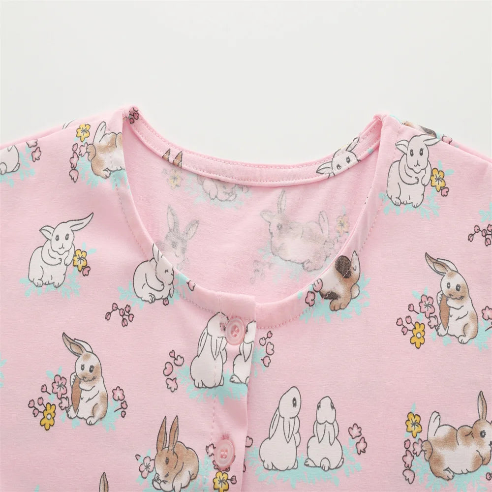 3-8T Summer Girls Dresses Rabbits Printed Buttons Short Sleeve Party Birthday Frocks Children's Costume Baby Dresses